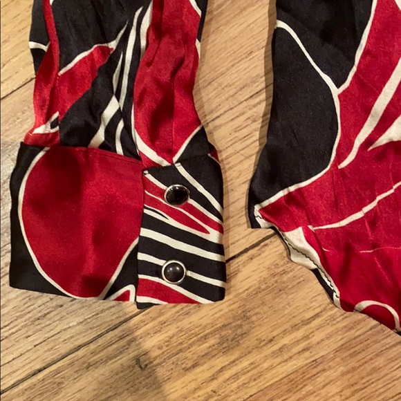 Stretch silk print fitted shirt Blk silver snaps - Picture 3 of 5